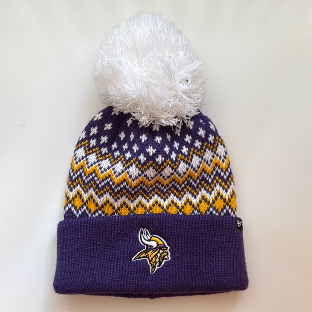 Purple and Yellow Knit Winter Hat with Pom-Pom